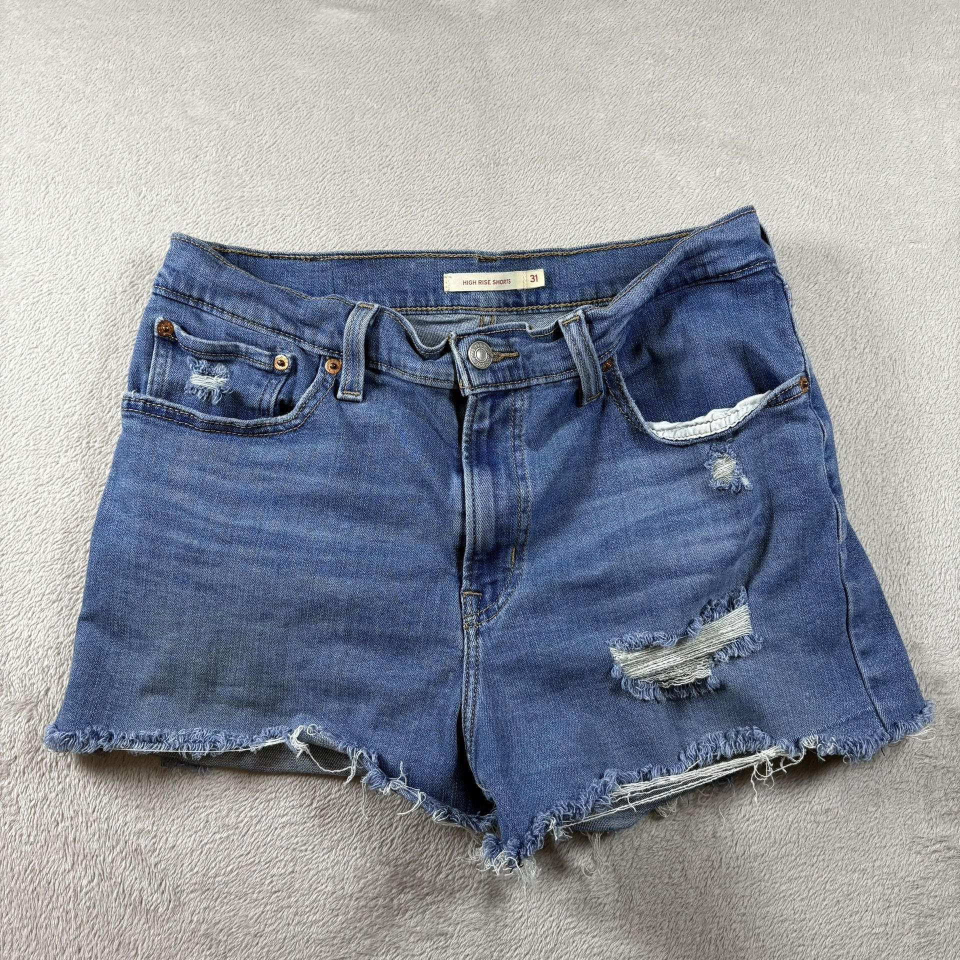 Levis High Rise Shorts Women’s Size 31 Blue Button Fly Distressed #1704