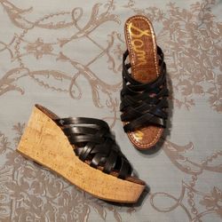 Sam Edelman Devon Black Leather Woven Wedge Sandals Women’s Size 10