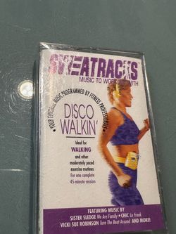 Price :$5 Vintage cassette tape. It is a SweatTracks Disco Walkin' music tape. It has music programmed by fitness professionals. It is ideal for walki
