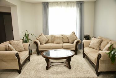 Ashley Furniture - Emma Wheat Sofa, Loveseat, and Chair Set including Coffee Table