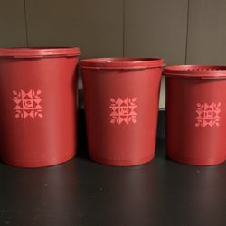 Vintage Lot Of  3 Red Tupperware Servalier Red Canister Tulip Quilt Design.