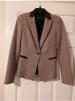 Zara Two-Tone Brown Plaid Blazer with Burgundy Trim