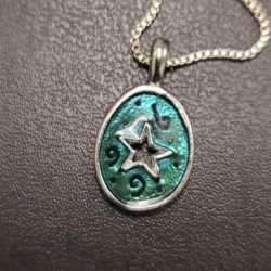 Silvertone Green Enamel Necklace With Star And Swirls