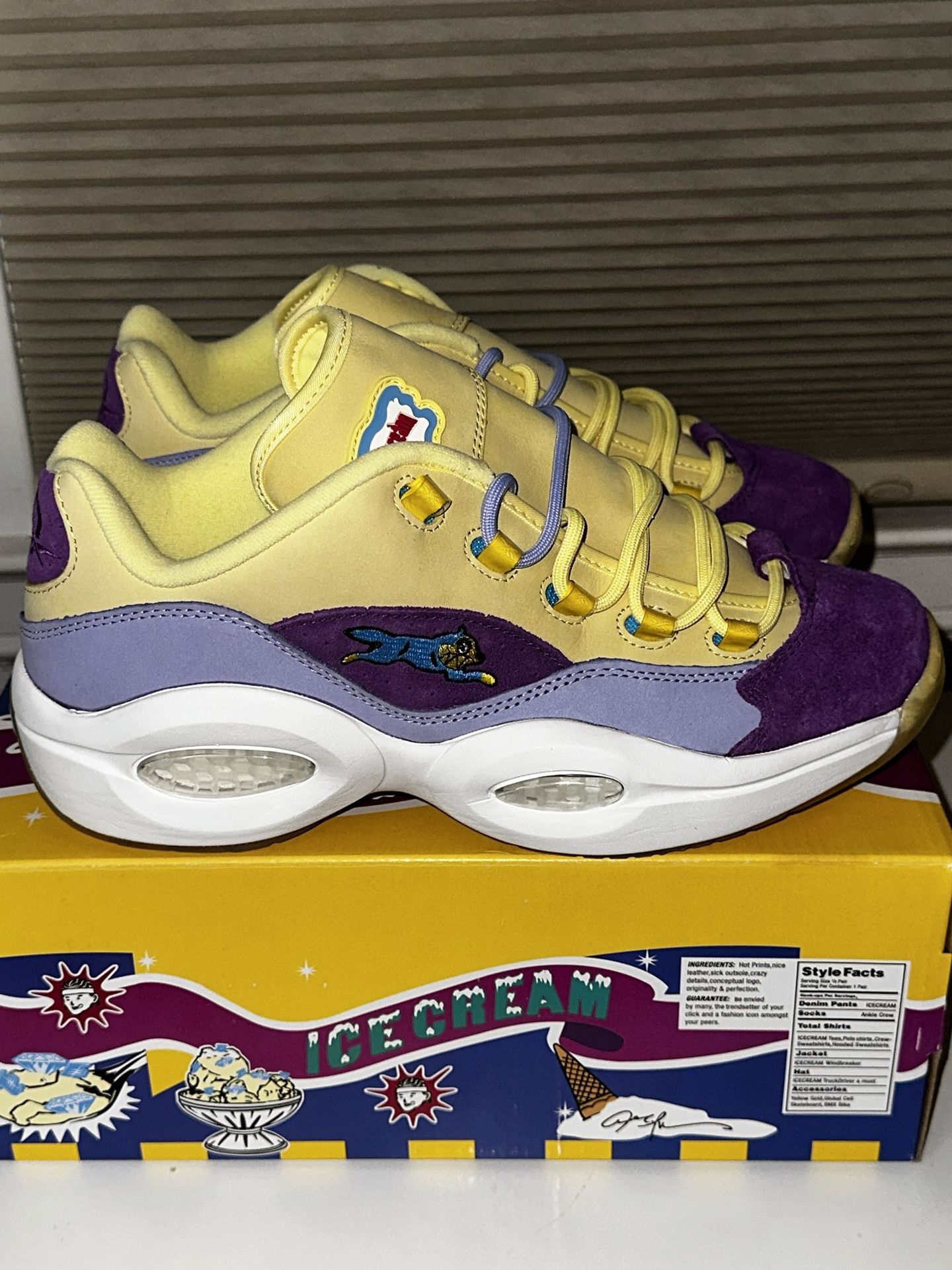 Reebok Question Low BBC Ice Cream Running Dog Yellow Purple Size 10.5 US Men’s