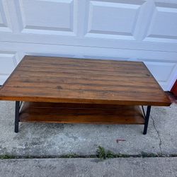 Rustic Wood Coffee Table with Lower Shelf & Metal Legs Living Room Furniture