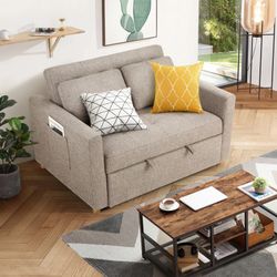 Convertible Sofa Bed, Linen Fabric Sleeper Couch Pull Out Bed 3-in-1 Loveseat!