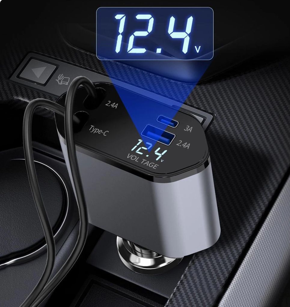 Double Retractable TYPE C Colorful Light 120W Super Flash 4 in 1 Car Charger NEW