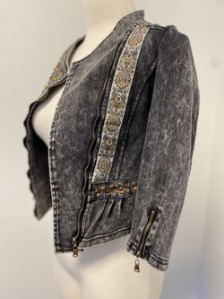 Handmade Women’s Denim Jean Jacket Size XS Embellished Crystals Lace Beads New