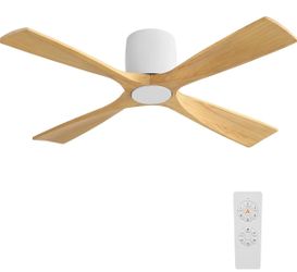 New 48" Wood Flush Mount Ceiling Fan without Light, White+Light Wood