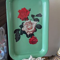 Vintage Mid Century Green Metal Lap/Serving Tray~Floral Rose Motif~14" x 9"