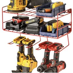 3-Layer Heavy-Duty Power Tool Organizer Wall Mount. Cordless Drill Holder. Includes 2 Storage Bins. Red For Milwaukee 
