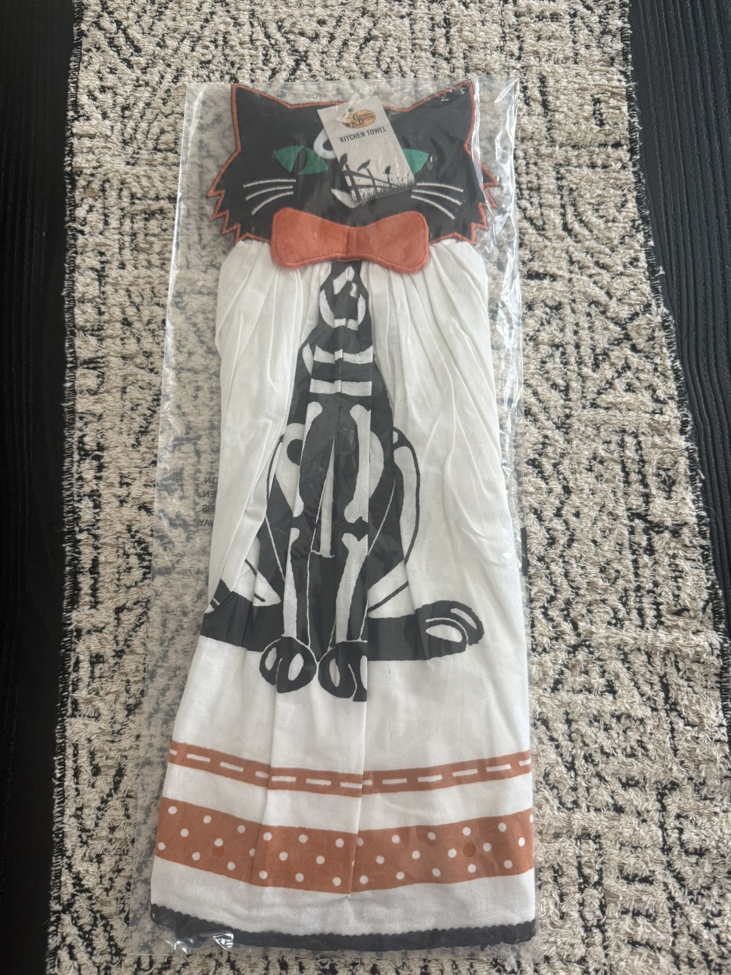 Vintage Inspired Halloween Black Skeleton Cat Kitchen Towel Hanging Embroidered