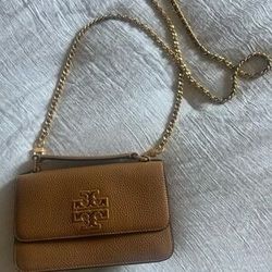 Tory Burch Tan Leather Crossbody Bag with Gold Chain