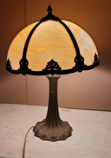 Slagle Glass Table Lamp Carmel Colored Glass with Decorated Shade and Base
