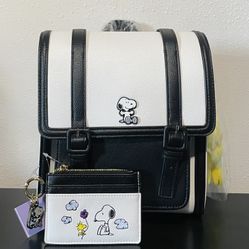 Peanuts Snoopy Black & White Mini Backpack With Woodstock Plush Charm and Wallet
