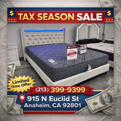 White Faux Leather Queen 
Platform Bed W/ Charging Station & Built-In LED Lights