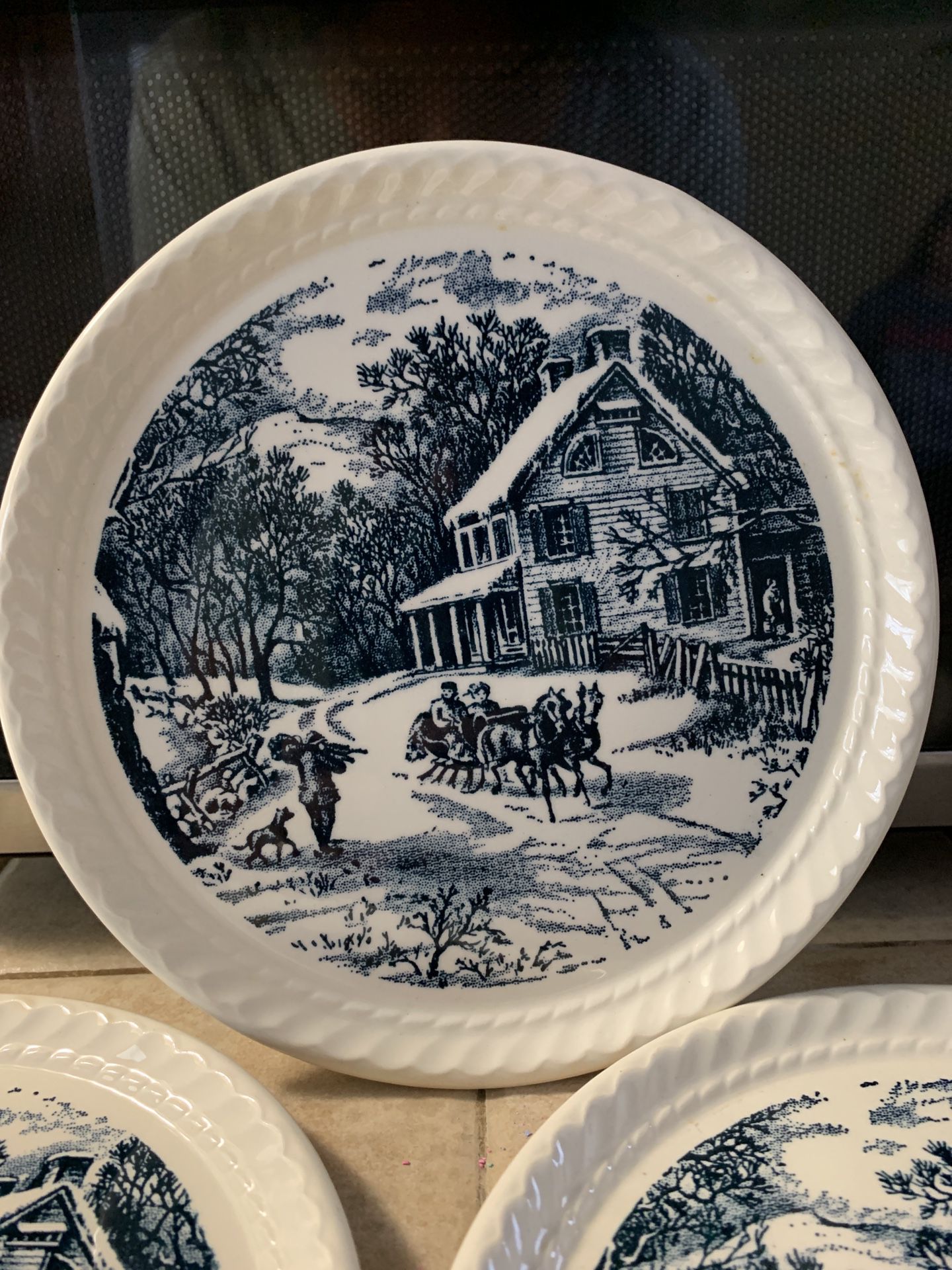 3 Collectible Vintage ROYAL CHINA Blue Currier & Ives Scenic Plates