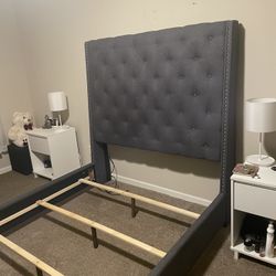 Gray Queen Size Upholstered Headboard & Bed Frame