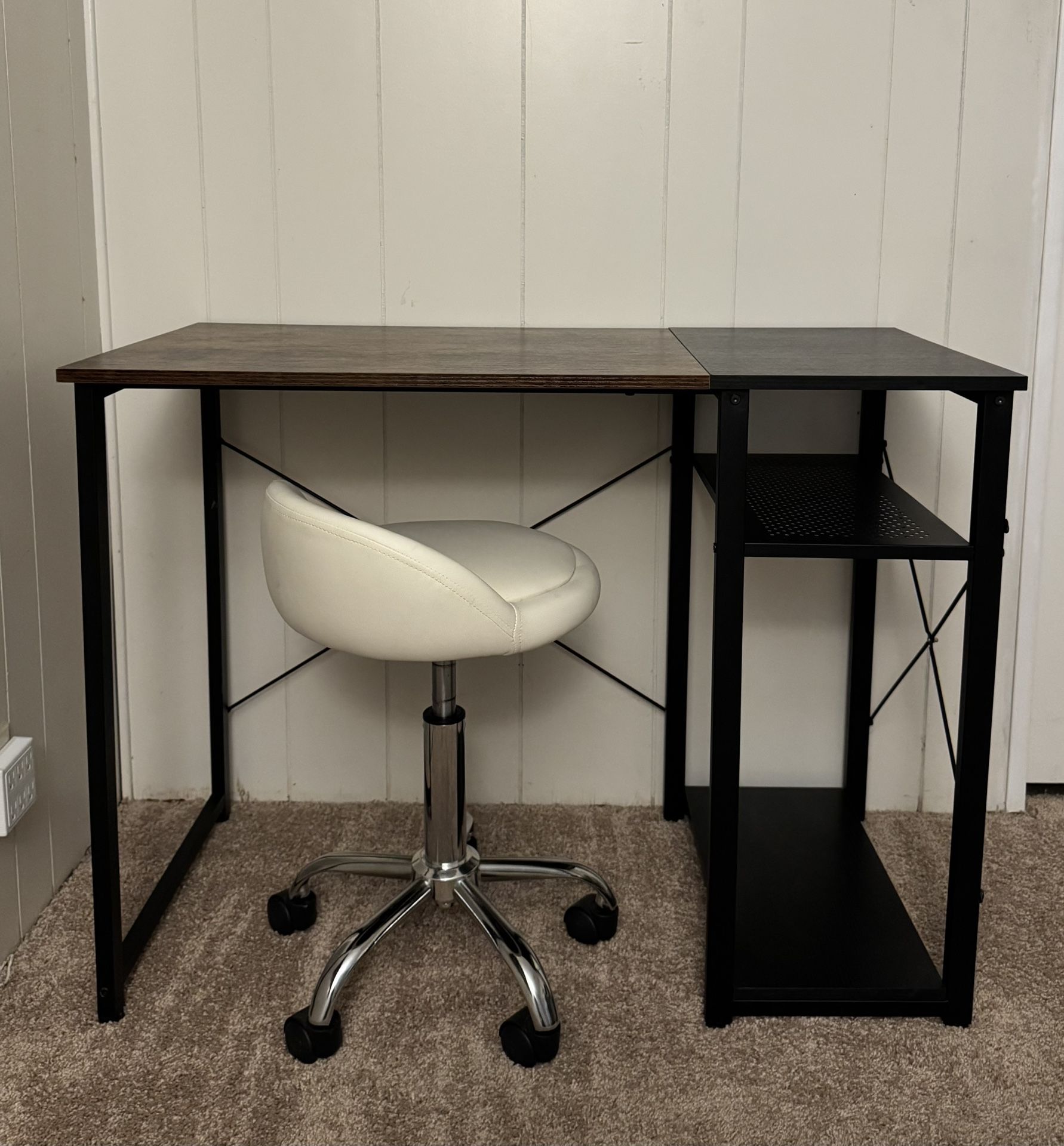 Cute Black & Wood Design Small Desk/Vanity + Rolling Stool Chair