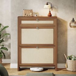 XK00759 Shoe Cabinet with 2 Flip Drawers, Farmhouse Slim Shoe Storage Organizer for Entryway, Freestanding Wood Shoe Rack Cabinet with Adjustable Shel