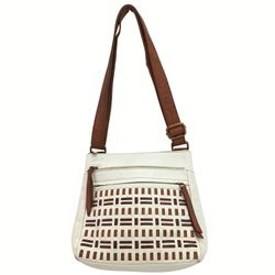 Fossil White Leather Woven Lattice Crossbody Bag Brown Strap Boho Zipper Pockets