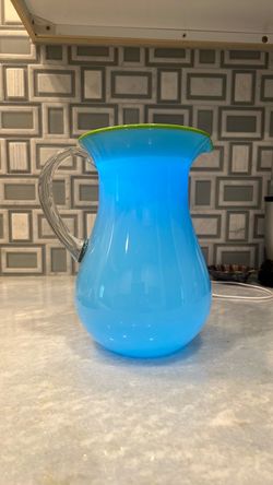 Mid Century Opaline Blue Art Glass Pitcher - Lime Green Rim 9" Empoli Italy⁠