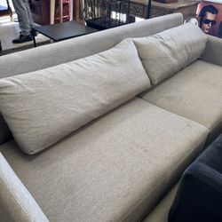 Belgian Track Arm Upholstered Sofa featuring a bench seat and light gray textured upholstery