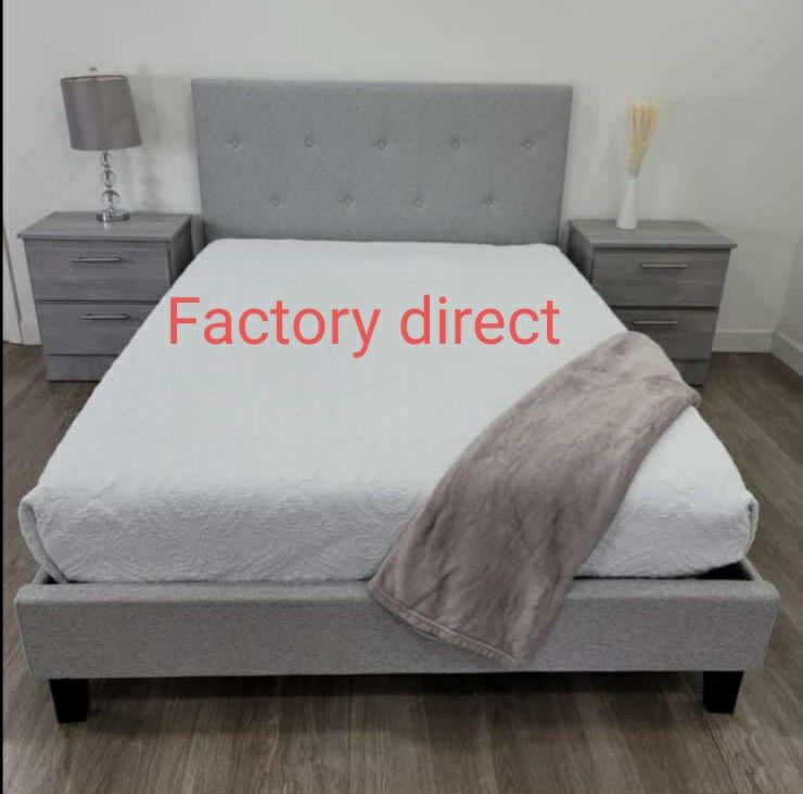 New Gray Queen Size Bed Frame And 2 Nightstands With Silver Handles/ Mattress Not Included 