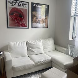 Small White Leather L Couch, Interchangeable Ottoman