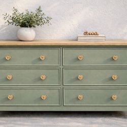 Sage Green 6 Drawer Dresser w/ Wood Finish Top