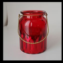 Red Empoli Optic Glass Metallic Candle Holder with Gold-Colored Wire Handle