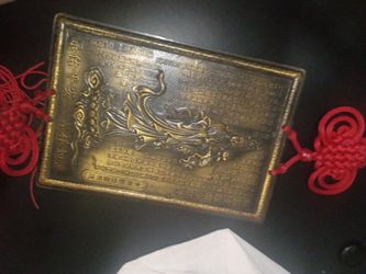 Chinese Bronze Dragon Decorative Plaque with Red Tassels