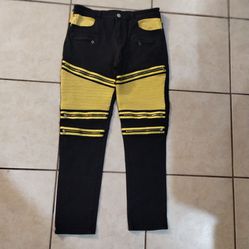 Mens Black/Yellow Zippered Moto Jeans