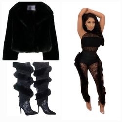 Ready To Pickup New Combo Set Size Small Black Faux Fur Jacket and Black Fur Boots Size 6.5 and Black Lace Jumpsuit.  All 3 All New