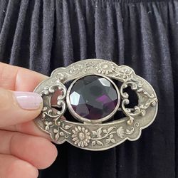 Vintage 3-D  Amethyst Color Stoned Silver Toned Double Heart Brooch