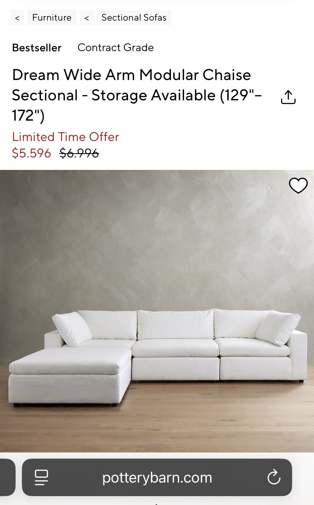 Pottery Barn Sectional Sofa with Goose Feather Cushions + Ottoman – Very Comfortable!