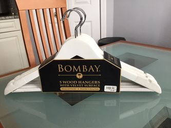 NEW~Bombay 5 Wood Hangers~Velvet Surface Strong~durable hangers~wood bar to hang pants~CHEAPER THAN STORES