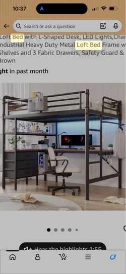Metal Loft Bed with L-Shaped Desk and Shelves