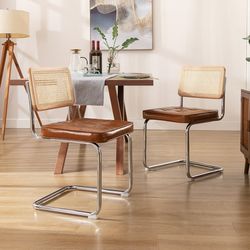 Rattan Dining Chairs Set of 2, Faux Leather Dining Chair with Cane Back and Chrome Legs, Mid-Century Modern Upholstered Kitchen Side Chairs for Dining