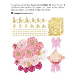 Brand new Graduation Cap Decorations Kit 2026-3D Paper Flowers & Gold Butterflies for Grad Cap Topper