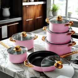 Pink 12pcs stainless steel cookware set, non-stick cookware set, Heat resistant, frying pan, Pan, saucepan, versatile, stylish, durable, suitable for 
