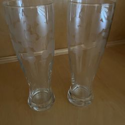 Set Of 2 DISNEY Mickey Mouse Tall FROSTED, ETCHED Pilsner Beer Glasses