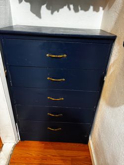 Dark Navy Blue 5-Drawer Dresser / Tall Chest with Gold Brass Handles