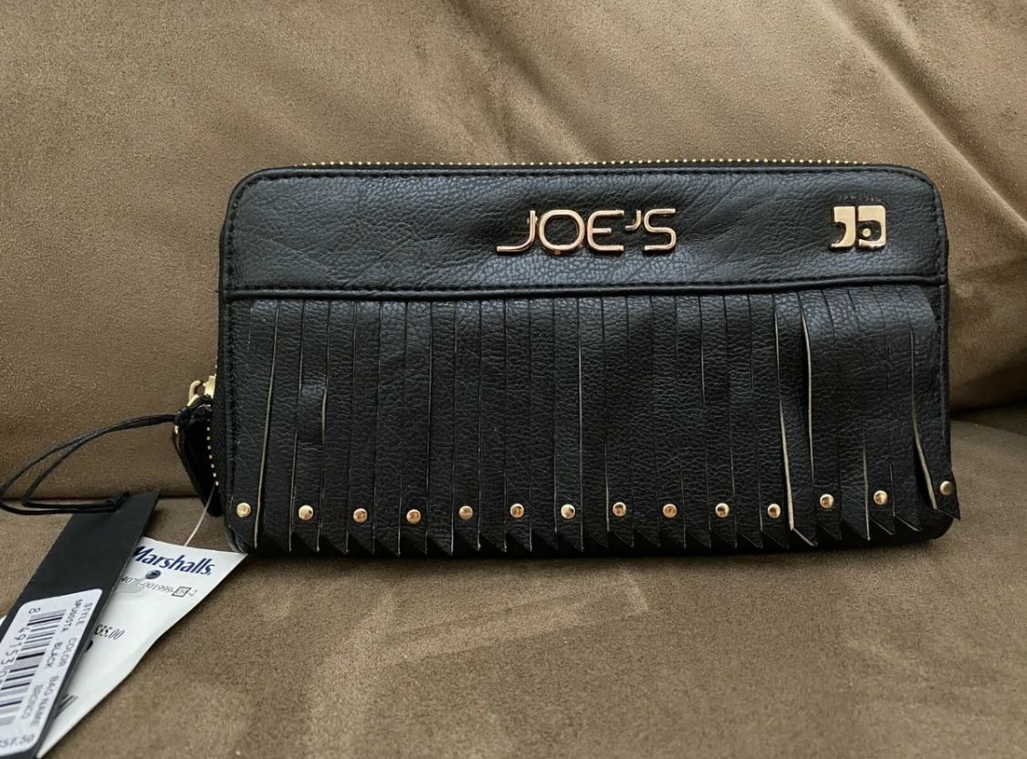 Joe's Jeans Black Bronco Vegan Leather Fringe Wallet Ziparound Western Clutch