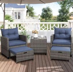 5 Pieces Patio Furniture Set, Outdoor Wicker Patio Conversation Set With Ottoman, All Weather Rattan Outside Chairs With Coffee Table & Cushion For Po