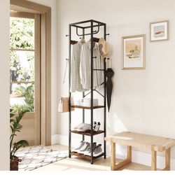 ELYKEN Coat Rack Freestanding, Hall Tree with 3 Storage Shelves and 12 Hooks, Industrial Clothes Rack Stand Organizer for Bedroom, Hallway, Entryway, 