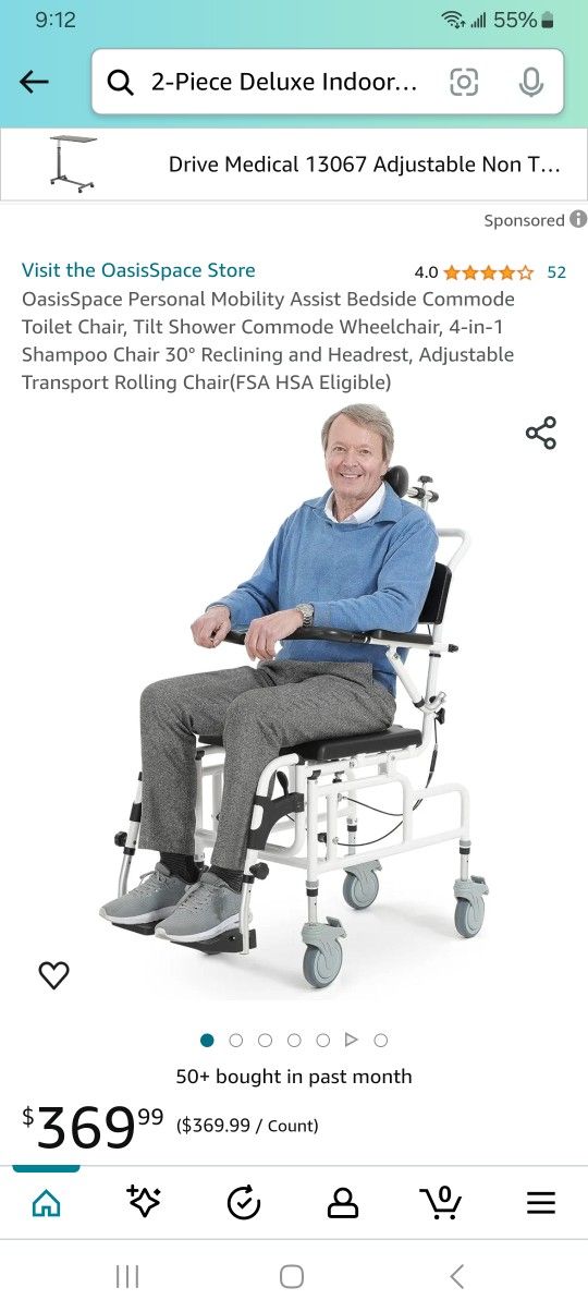 OasisSpace 4-in-1 Mobility Assist Shower Commode Wheelchair Toilet Frame Chair