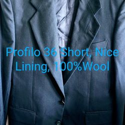 Mens Suit Coat By Profilo 36 Short, Dark Blue, 100% Wool, USA, Fitted