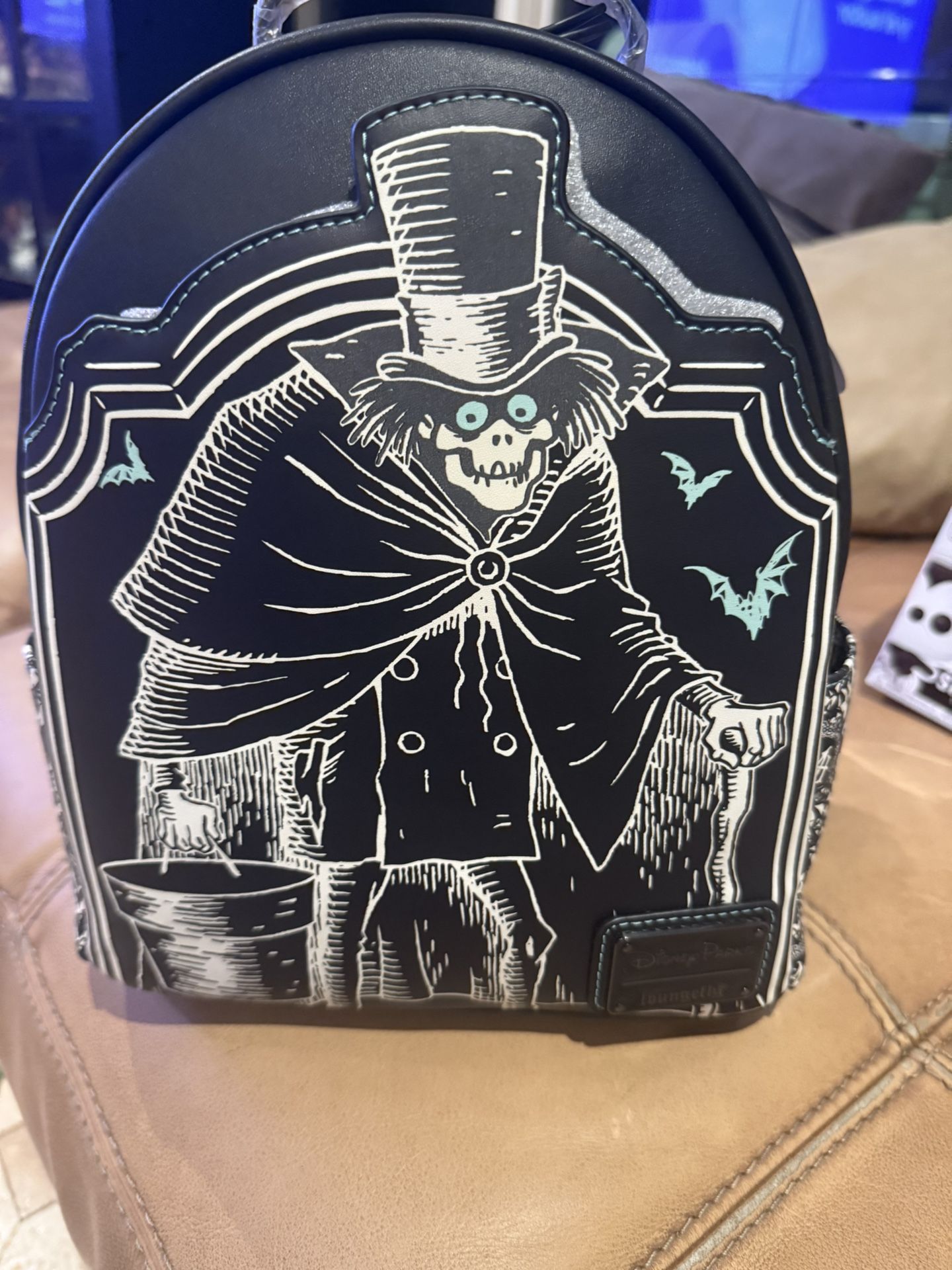 Loungefly Disney Parks Exclusive Haunted Mansion Hatbox Ghost Mini Backpack Loungefly Disney Haunted Mansion Mini Backpack Glow-in-the  main image 4