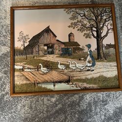 Vintage Framed C Carson Signed Serigraph Girl With Ducks Barn Wall Art 21”by 25”
